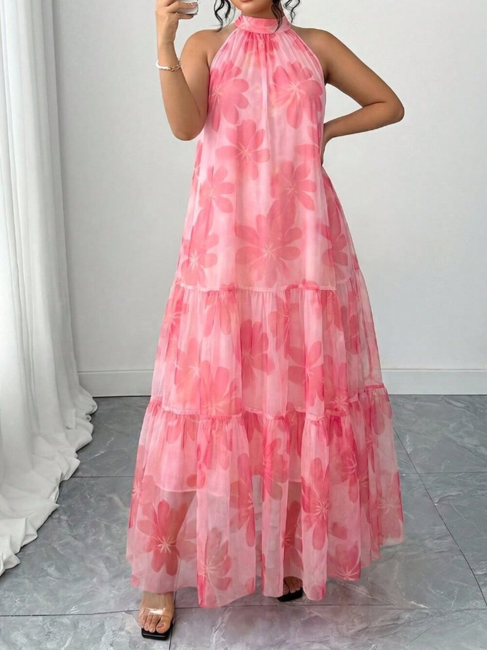 Pink Casual Women's Plus Size Elegant Woven Sleeveless Floral Dress
